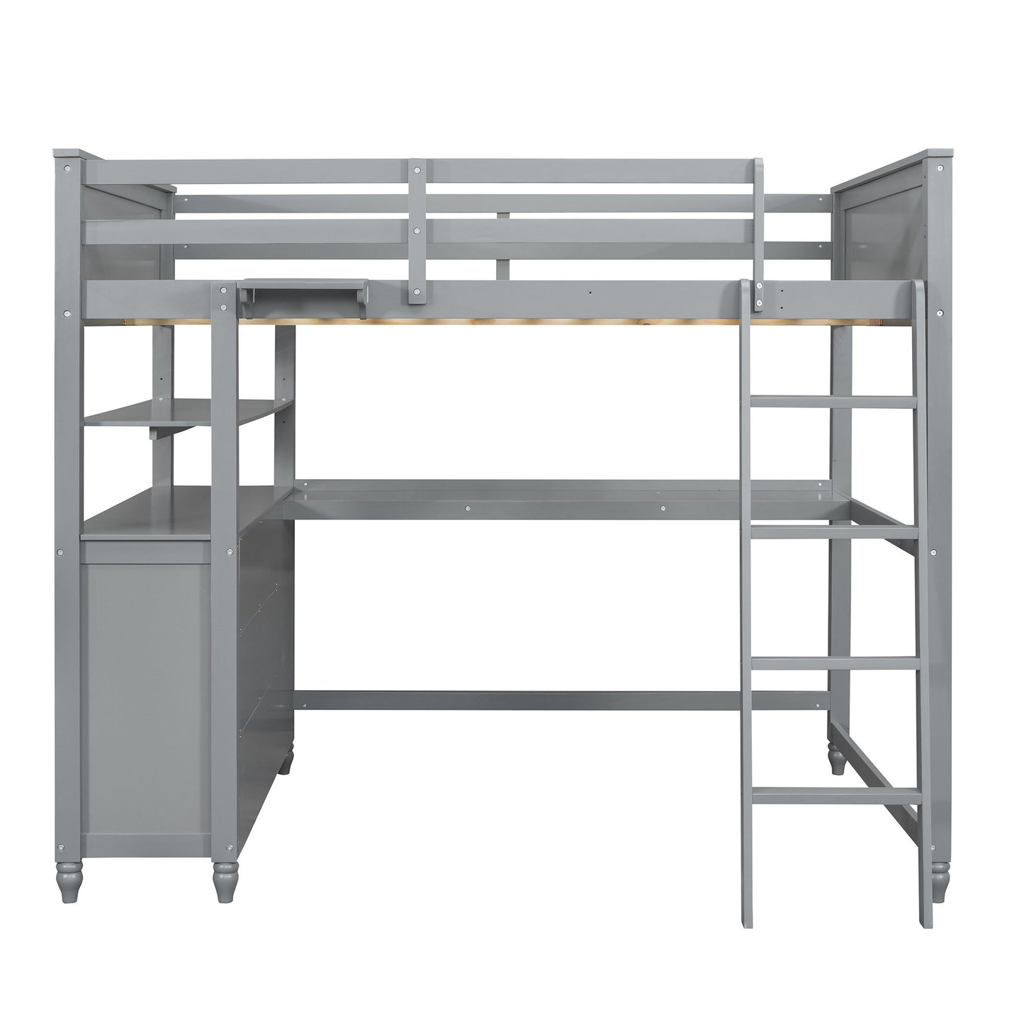 Full Size Loft Bed With Drawers And Desk With Shelves - Gray