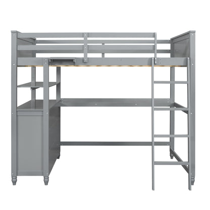 Full Size Loft Bed With Drawers And Desk With Shelves - Gray