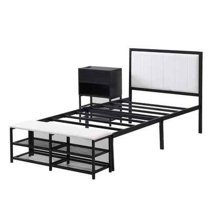 Twin Size Platform Bed With 2 Tier Storage Shelves, Storage Cabinet - Black