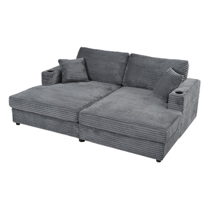 Oversized Loveseat Chaise Lounge Sectional Sofa Bed Corduroy Sleeper Sofa With 2 USB Ports, 2 Cup Holders And 2 Throw Pillows For Living Room And Bedroom - Dark Gray