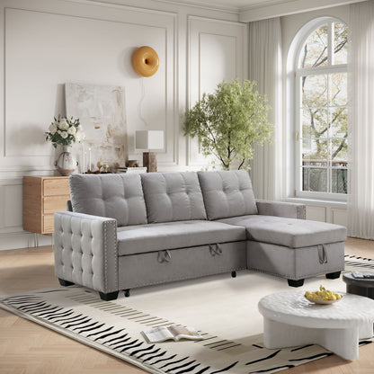 Reversible Sectional Storage Sleeper Sofa Bed, L-Shape 2 Seat Sectional Chaise With Storage, Skin-Feeling Velvet Fabric - Light Gray