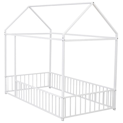 Twin Size Bed House Bed Frame With Fence - White