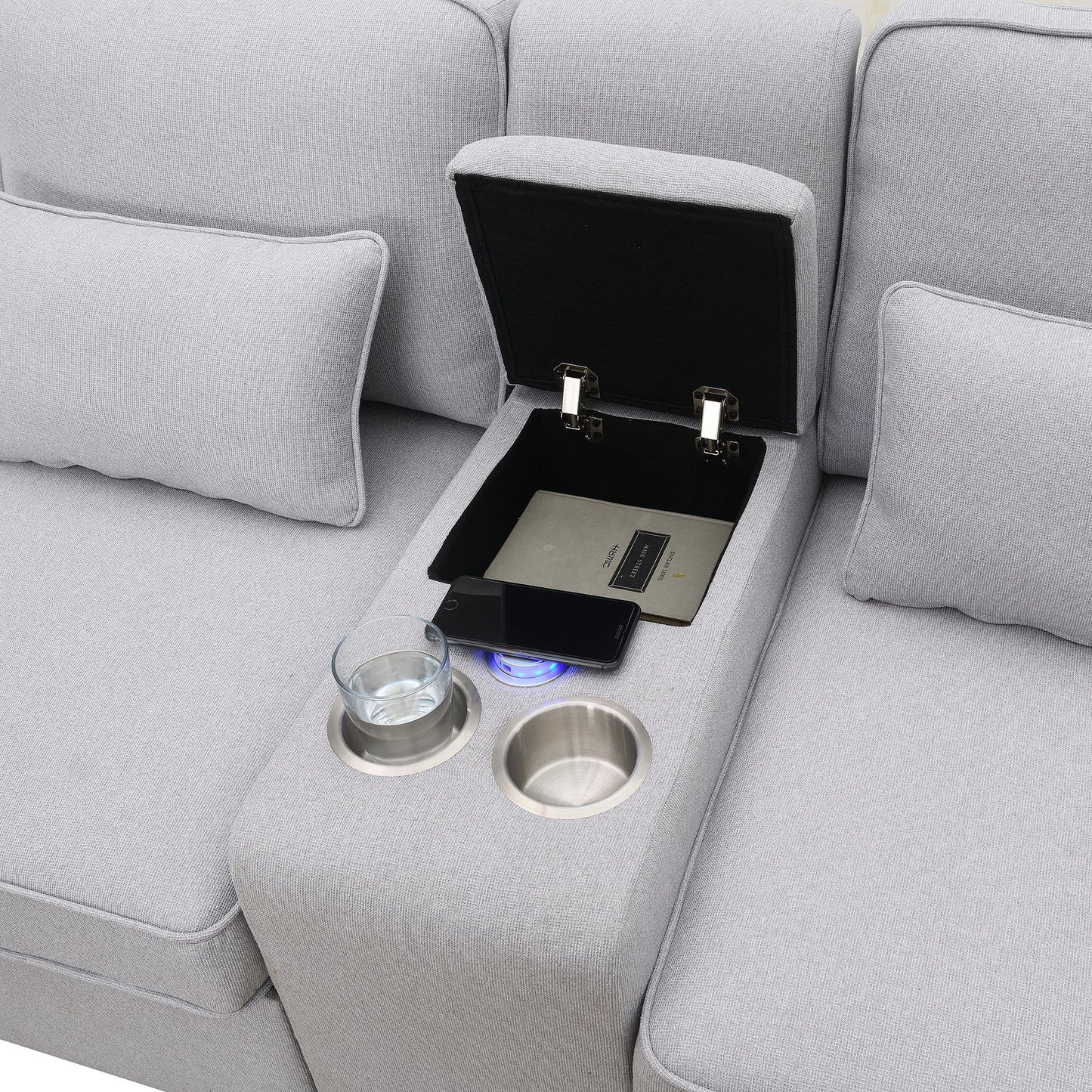 Upholstered Sofa With Console, 2 Cupholders And 2 USB Ports Wired Or Wirelessly Charged, Modern Linen Fabric Couches With 4 Pillows (4 Seat) - Light Gray