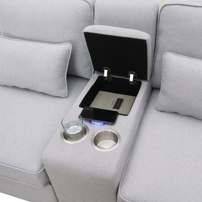 Upholstered Sofa With Console, 2 Cupholders And 2 USB Ports Wired Or Wirelessly Charged, Modern Linen Fabric Couches With 4 Pillows (4 Seat) - Light Gray