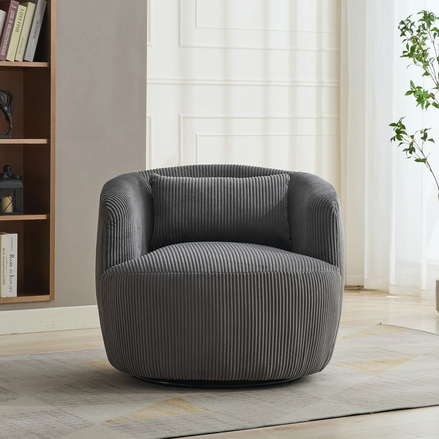 Upholstered Metal Base 360 Degree Swivel Barrel Soft Chair With Pillow, For Club, Living Room, Bedroom, Office As Well As Reading Armchair - Charcoal