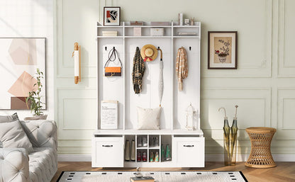 5 In 1 Entryway Bench With Coat Rack, 7 Sturdy Hooks, 2 Spacious Drawers And Adjustable Shelves, Wide Hall Tree With Metal Handles For Hallway - White