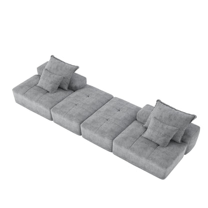 Modern Oversized Modular Sectional Sofa With 2 Ottoman And 2 Seat, Sparkling Chenille Fabric Soft Cushion Sofa With 4 Pillows, 4 Pieces Diy Combination Tufted Sofa, No Assembly Required - Gray