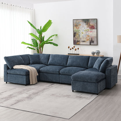 Modern Modular Cloud Sofa Bed, 6 Seat Chenille Sectional Couch Set With Ottoman, Free Combination, Convertible U Shaped Sleeper Sofa - Dark Blue