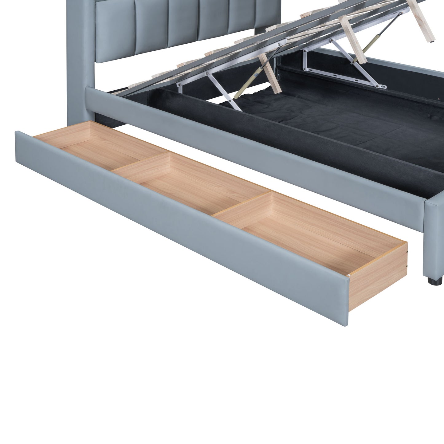 Queen & Twin Long Size Upholstered Platform Bed, Mother & Child Bed With Hydraulic Storage System, Drawer Box, Bedhead Storage Shelf And 2 Pairs Of Sockets & USB Ports - Gray
