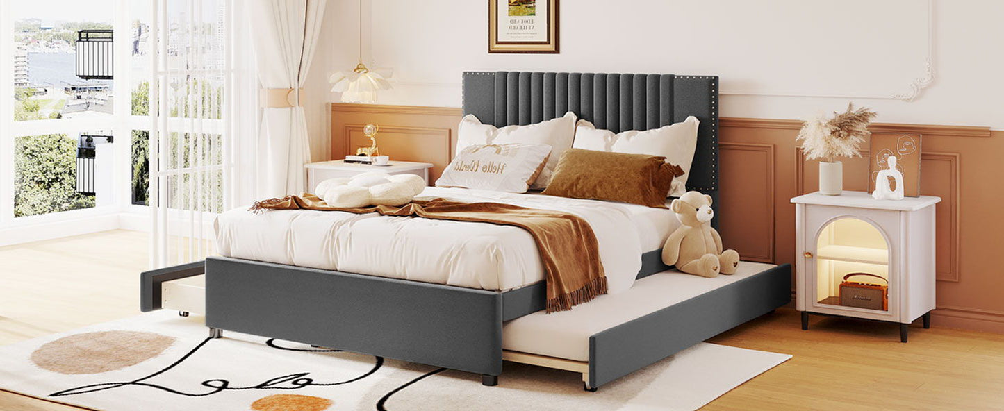 Full Size Upholstered Platform Bed With 2 Drawers And 1 Twin Size Trundle, Classic Headboard Design - Gray