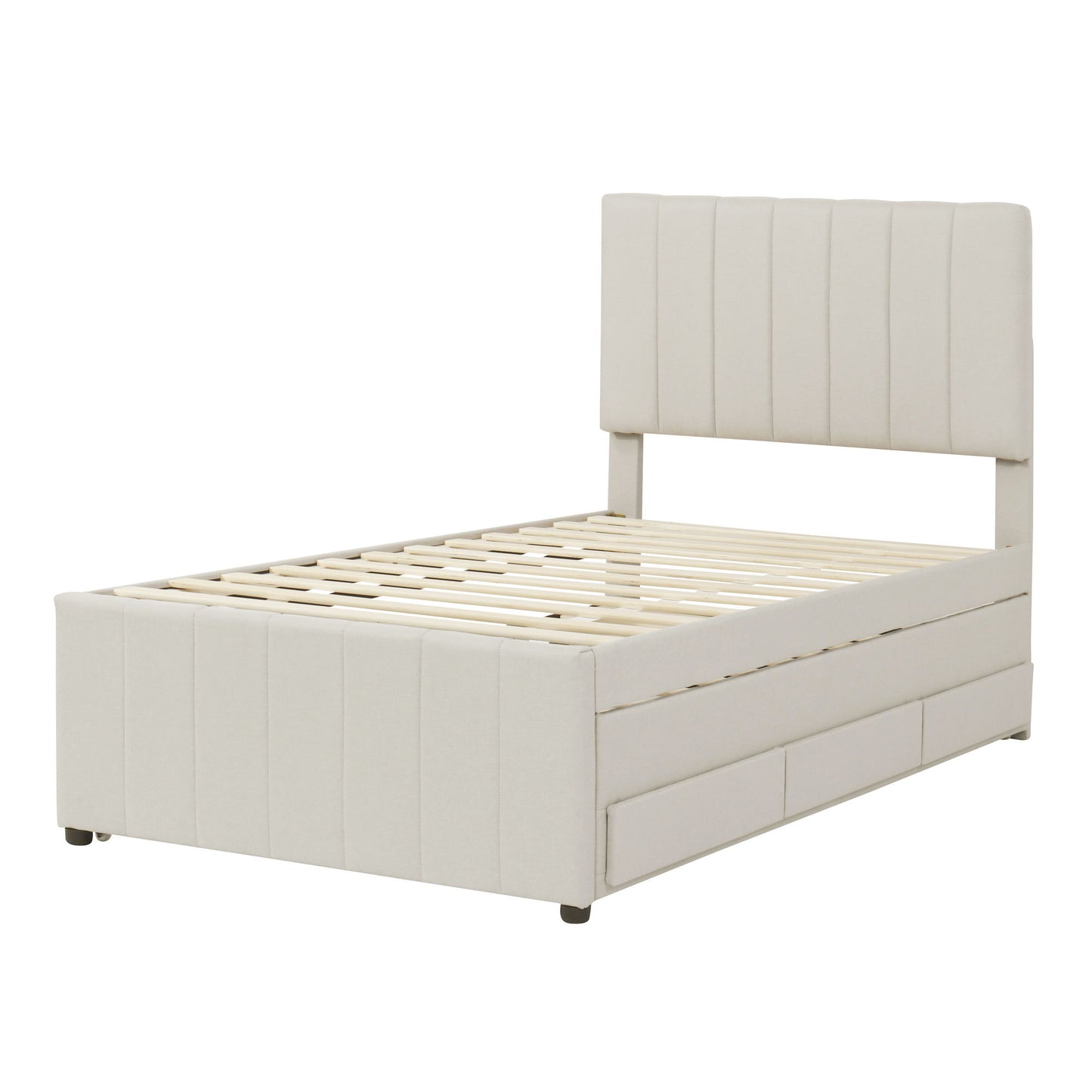 Twin Size Upholstered Platform Bed With Trundle And 3 Drawers - Beige