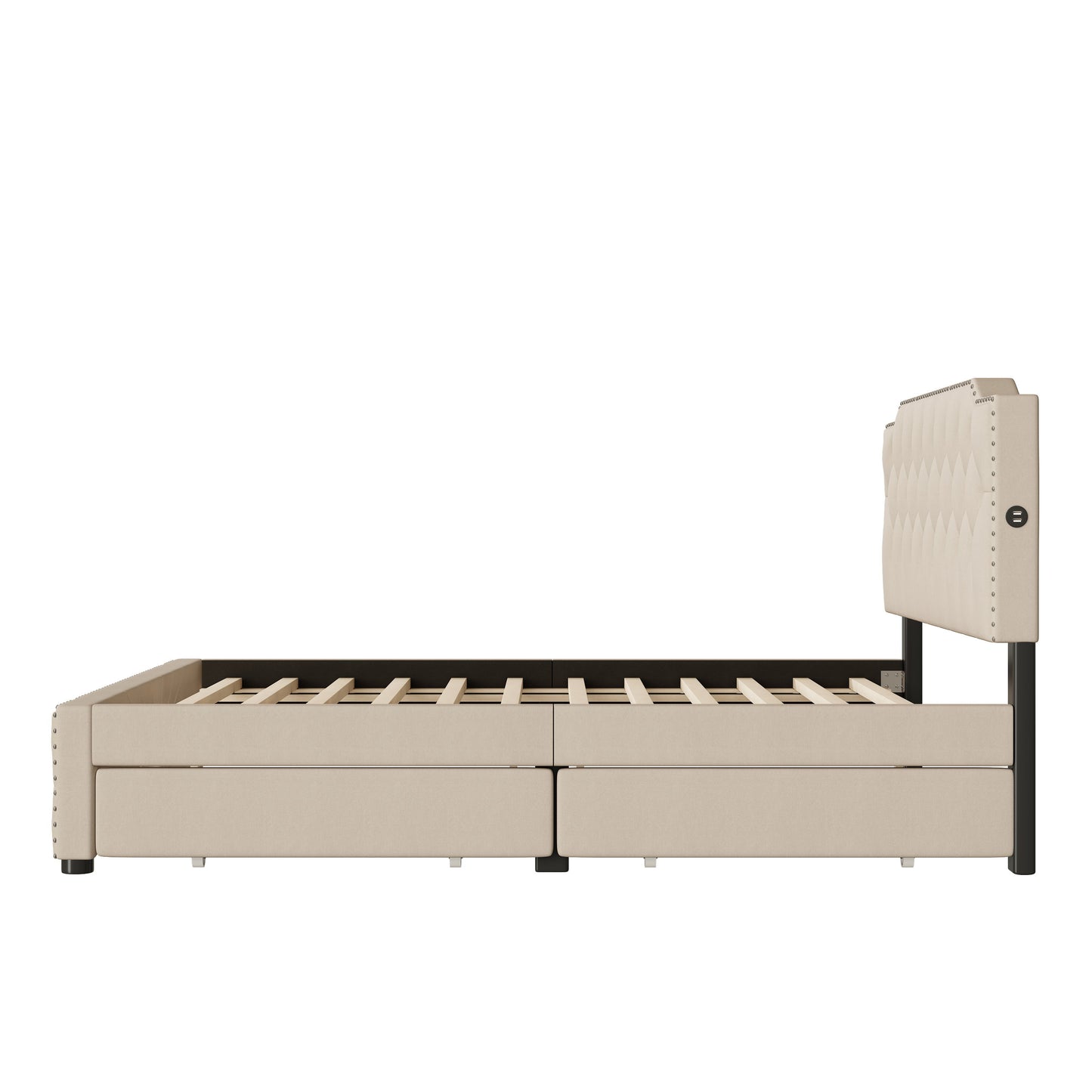 Queen Size Upholstered Platform Bed With 2 Drawers And 2 Sets Of USB Ports On Each Side - Beige