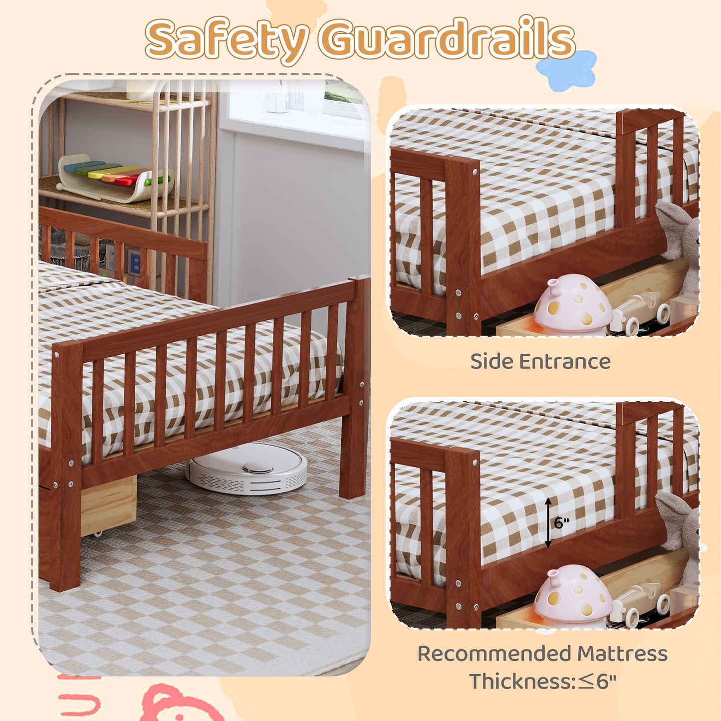 Twin Size Bed With Headboard Storage Rack, 2 Under Bed Drawers, 3 - Side Guardrails For Safety And Security - Walnut