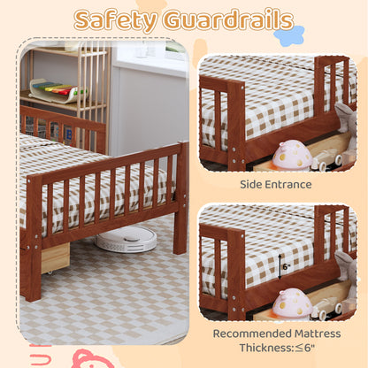 Twin Size Bed With Headboard Storage Rack, 2 Under Bed Drawers, 3 - Side Guardrails For Safety And Security - Walnut