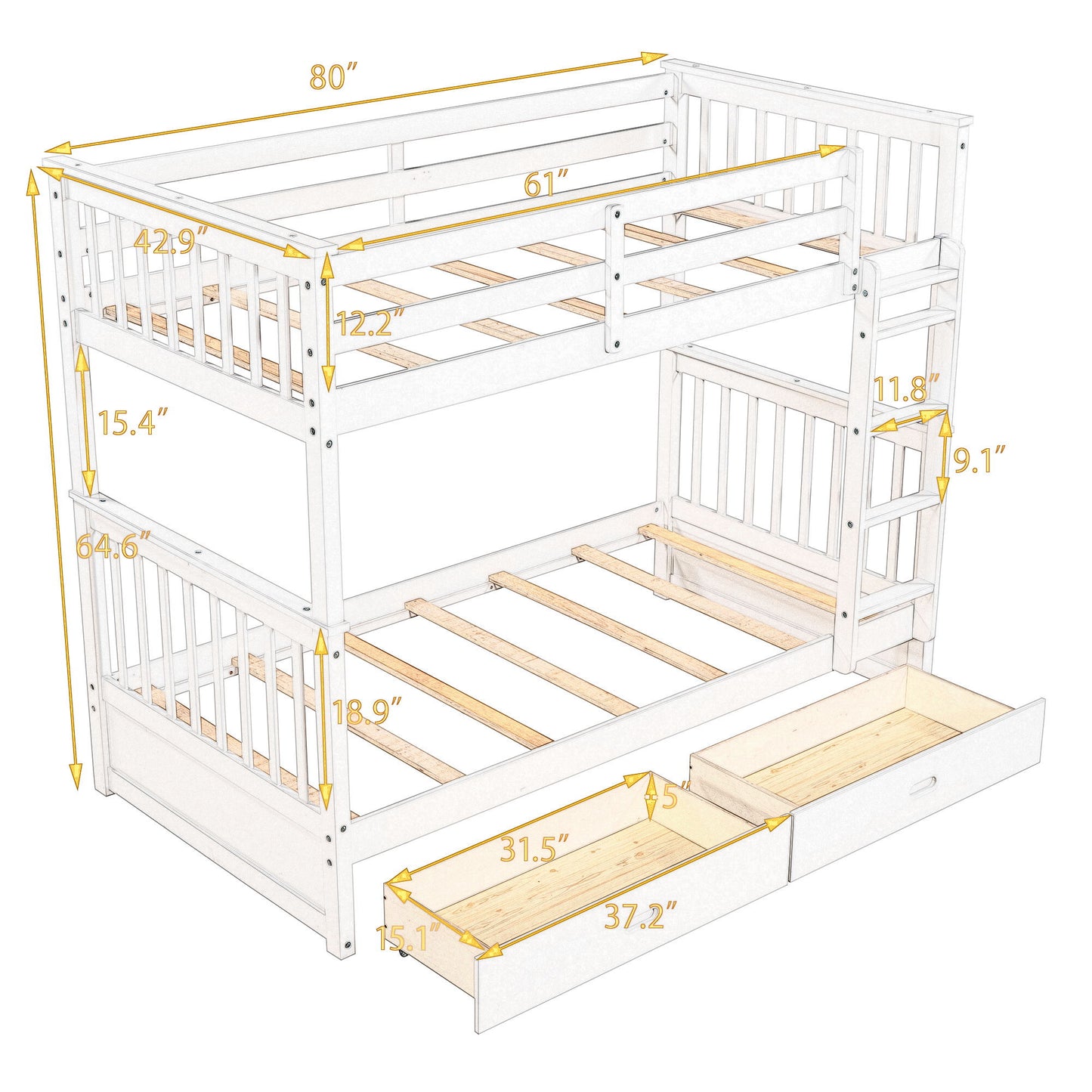 Twin Over Twin Bunk Bed With Ladders And 2 Storage Drawers - White