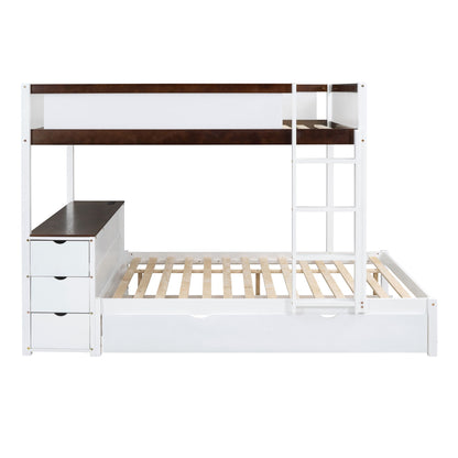Full Over Full Bunk Bed With Twin Size Trundle, Storage And Desk - White / Walnut