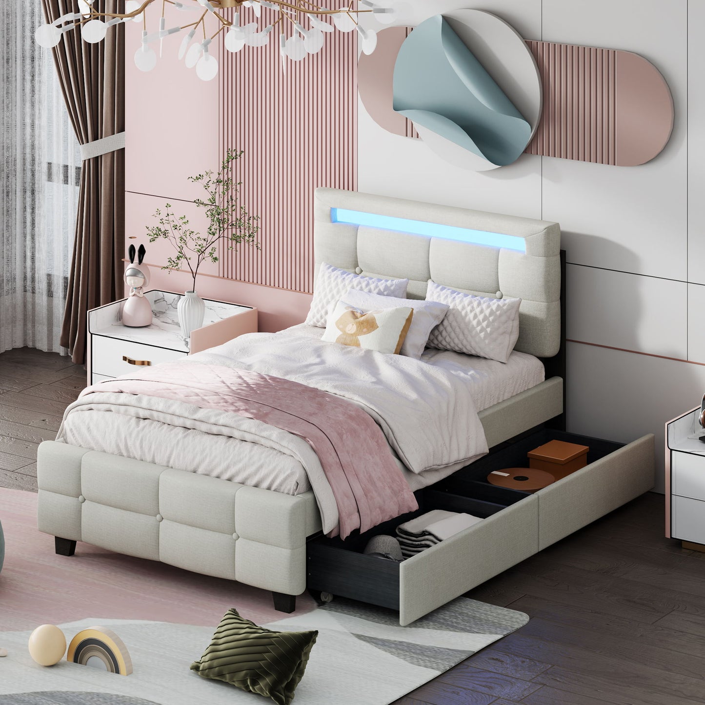 Twin Size Upholstered Platform Bed With LED Frame And 2 Drawers - Beige