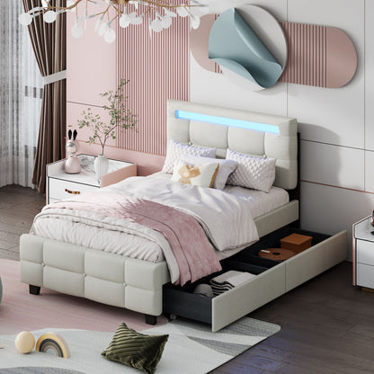 Twin Size Upholstered Platform Bed With LED Frame And 2 Drawers - Beige
