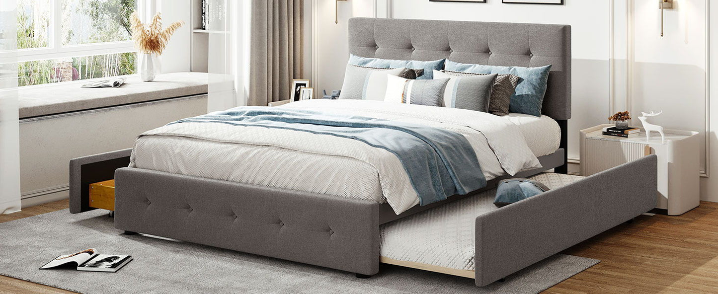 Queen Size Upholstered Platform Bed With 2 Drawers And 1 Twin Long Trundle - Light Gray