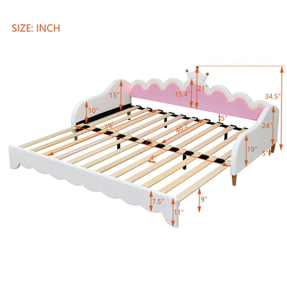 Twin Extending Daybed With LED Lights, Modern Upholstered Princess Daybed With Crown Headboard - White