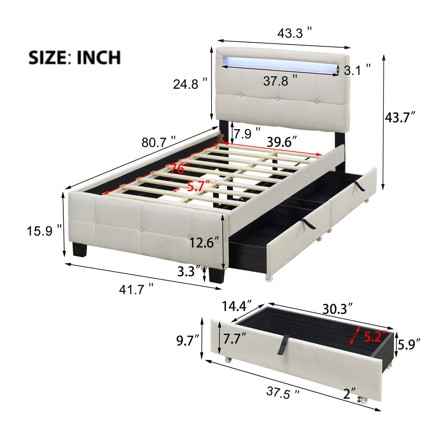 Twin Size Upholstered Platform Bed With LED Frame And 2 Drawers - Beige