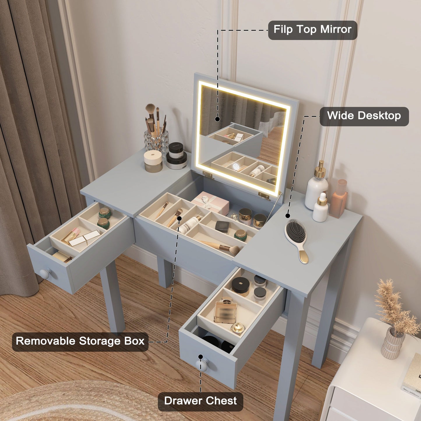 Vanity Table With LED Lights, Flip-Top Mirror And 2 Drawers, Jewelry Storage - Sleek Gray