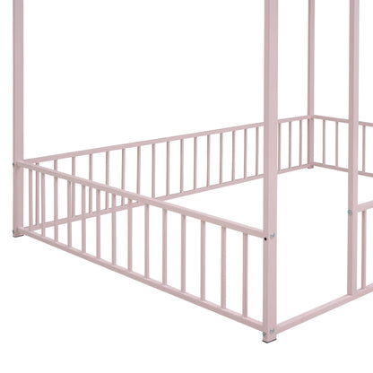 Full Size Bed House Bed Frame With Fence - Pink