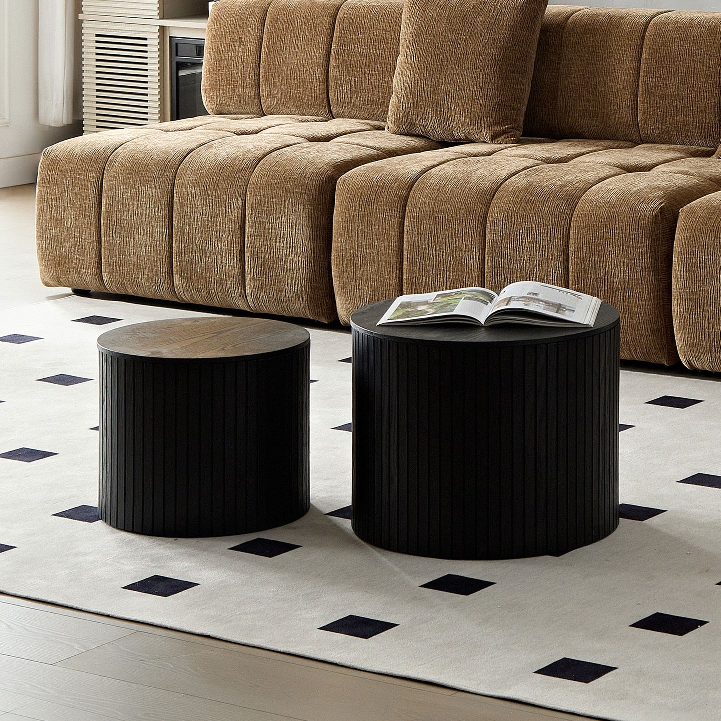 Modern Nesting Coffee Table Set With Walnut Veneer - 2 Pieces For Living Room - Black