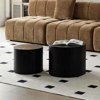 Modern Nesting Coffee Table Set With Walnut Veneer - 2 Pieces For Living Room - Black