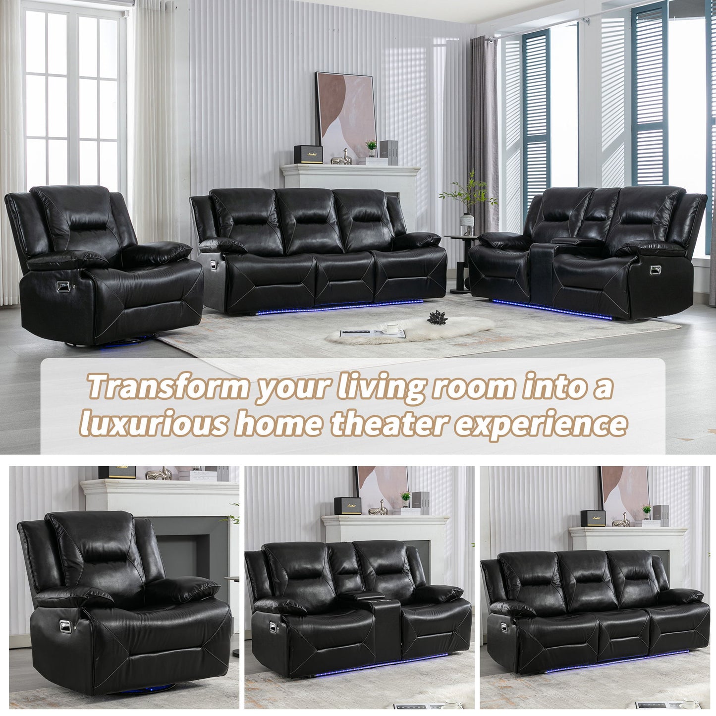 360ÔøΩÔøΩ Swivel And Rocking Home Theater Recliner Manual Recliner Chair With A Led Light Strip For Living Room - Black