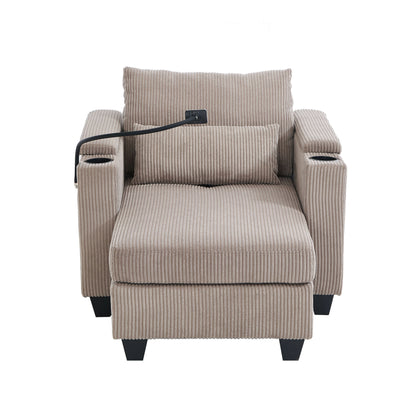 Convertible Chaise Lounge Sofa Chair With USB Ports, Cup Holders, Phone Holder, Storage - Brown