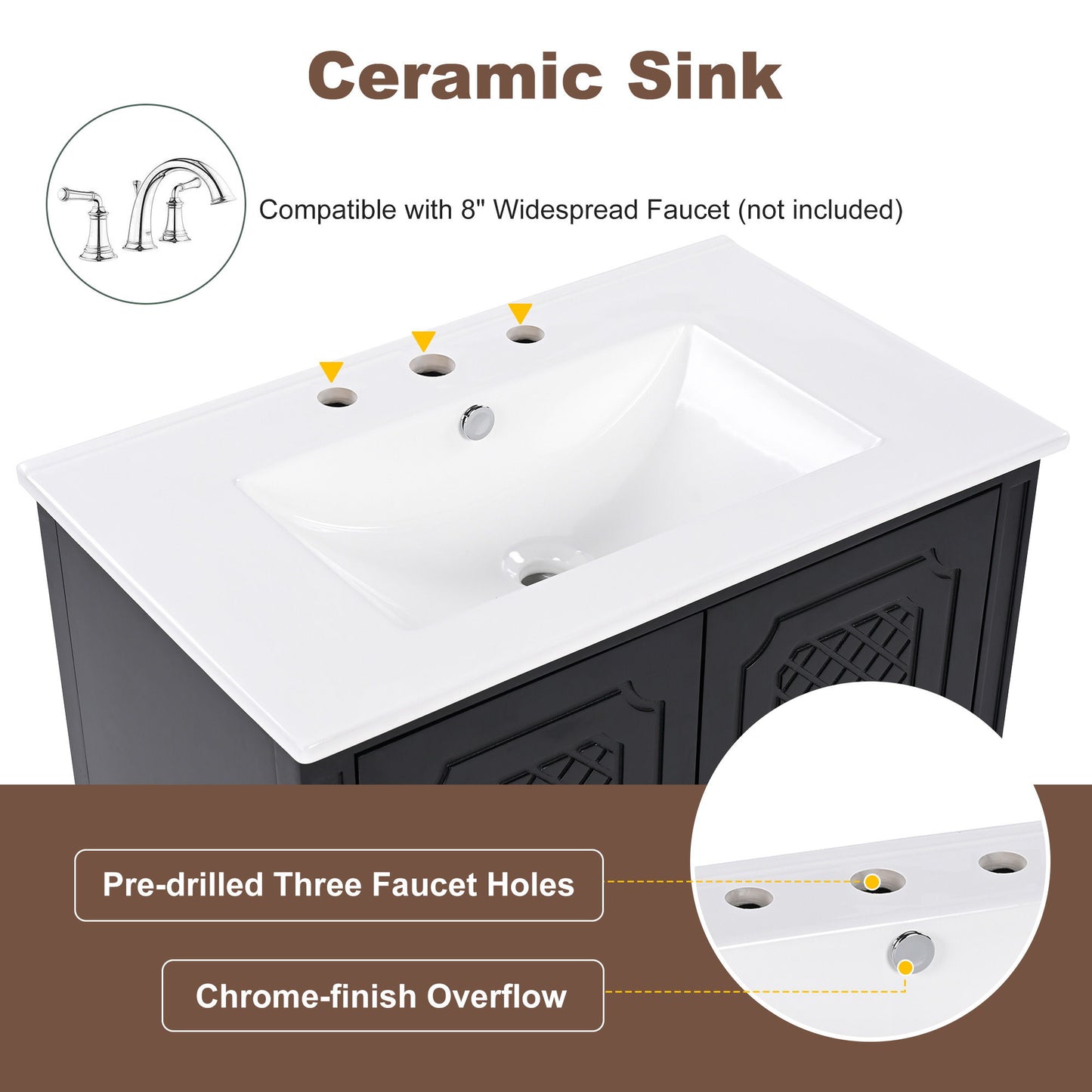 Vintage Style 30" Bathroom Vanity With Sink, Multi Functional Storage, Soft Closing Door - Black