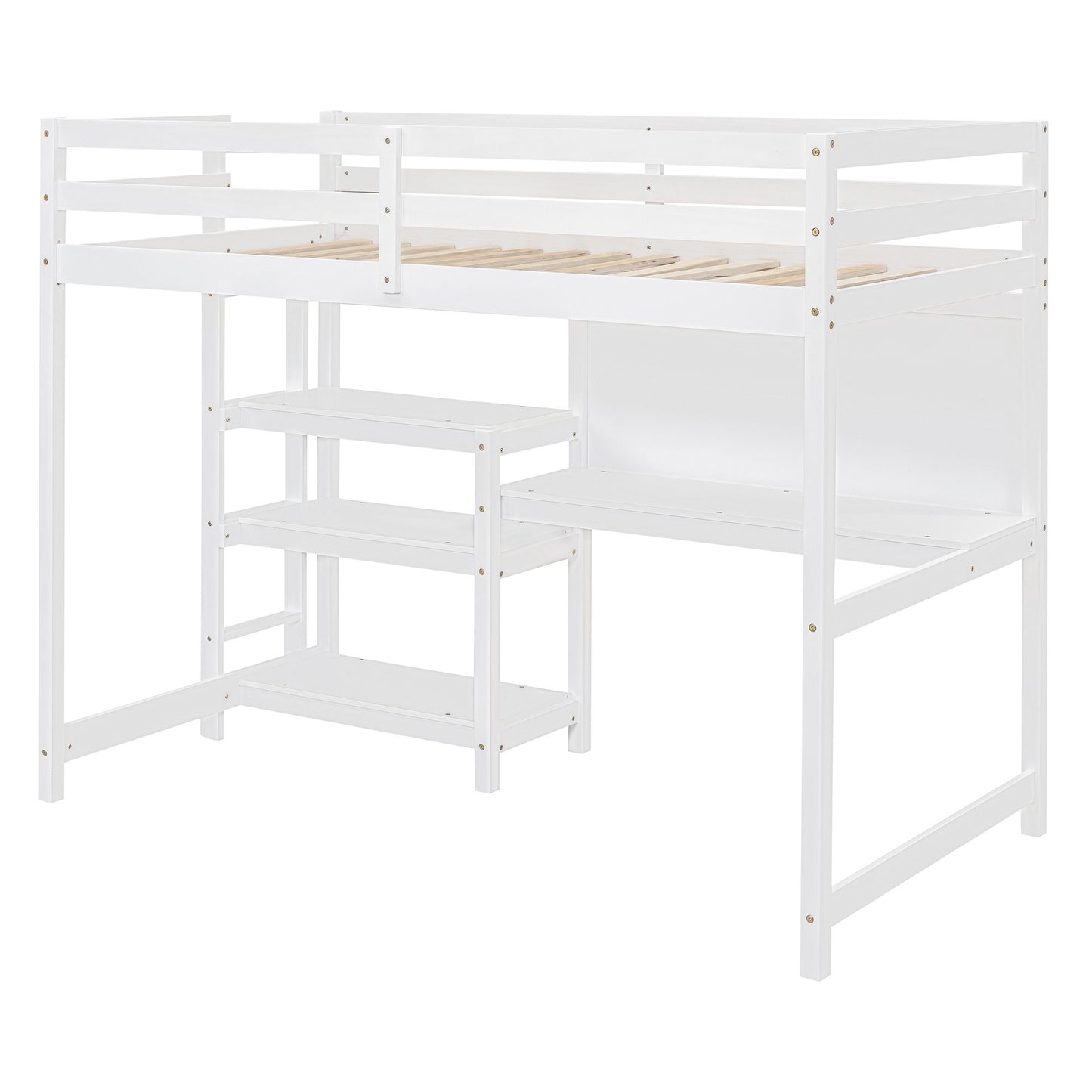 Twin Size Loft Bed With Shelves, Desk And Writing Board - White