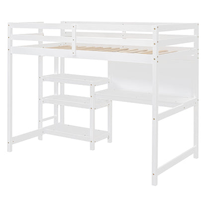 Twin Size Loft Bed With Shelves, Desk And Writing Board - White