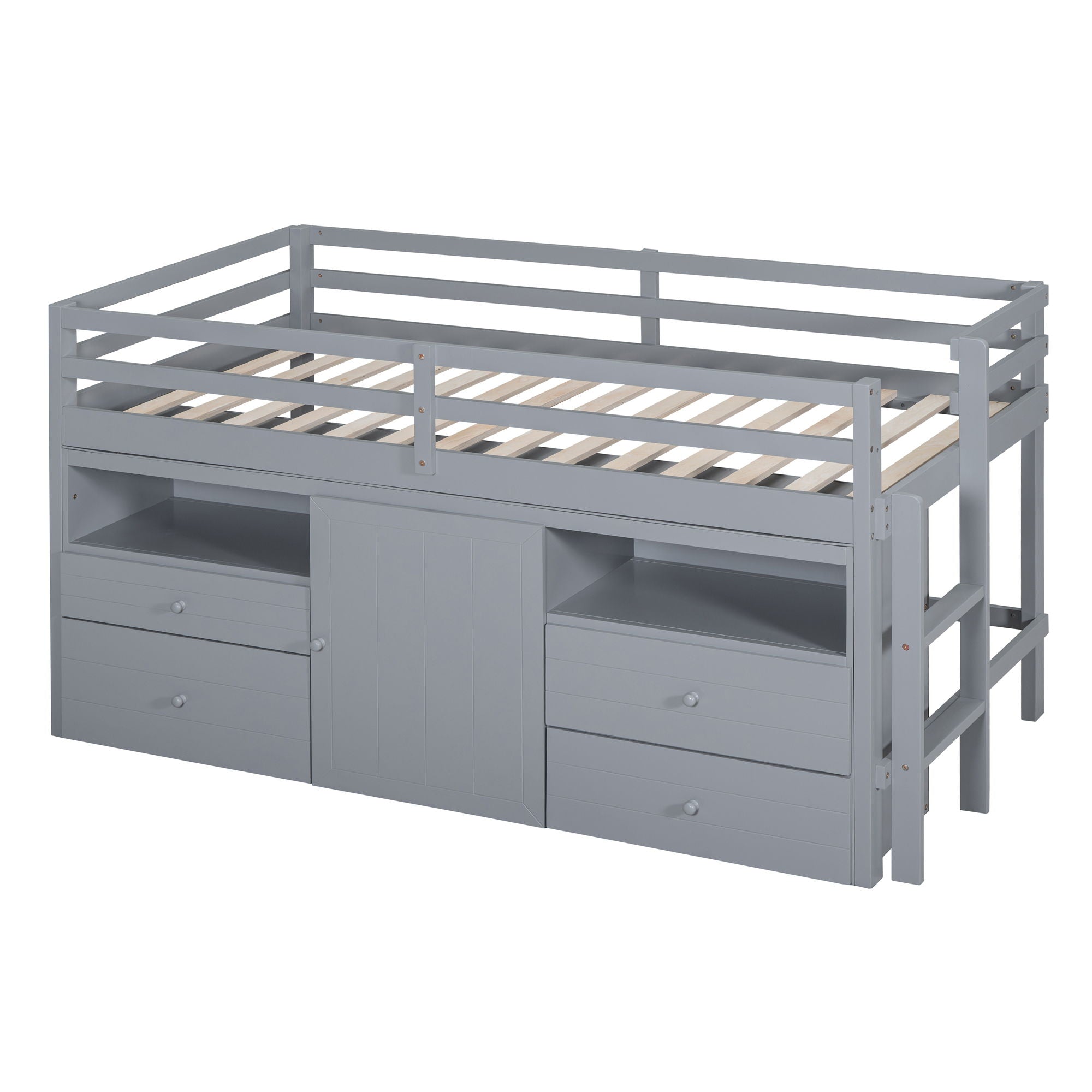 Twin Size Loft Bed With 4 Drawers, Underneath Cabinet And Shelves - Gray