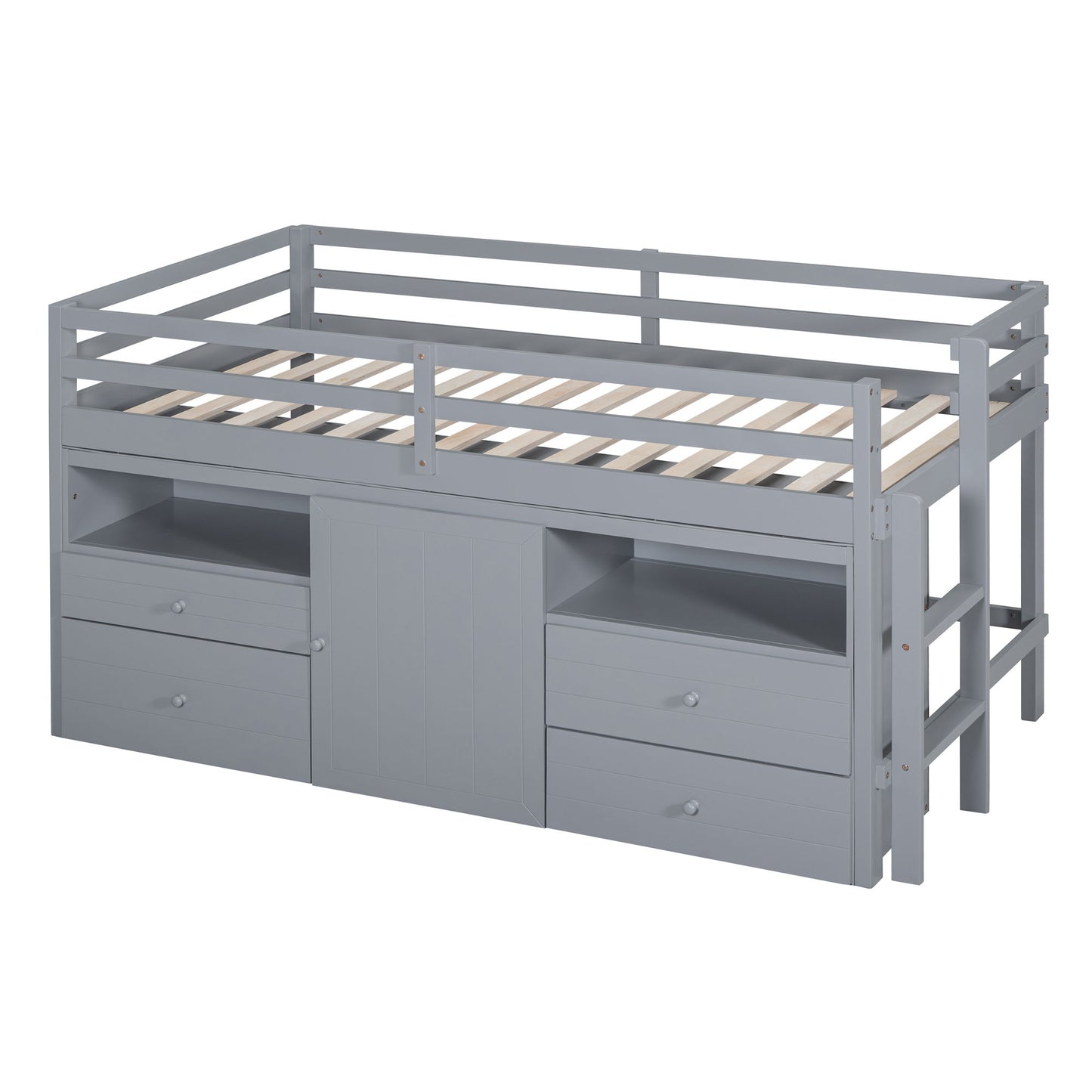 Twin Size Loft Bed With 4 Drawers, Underneath Cabinet And Shelves - Gray