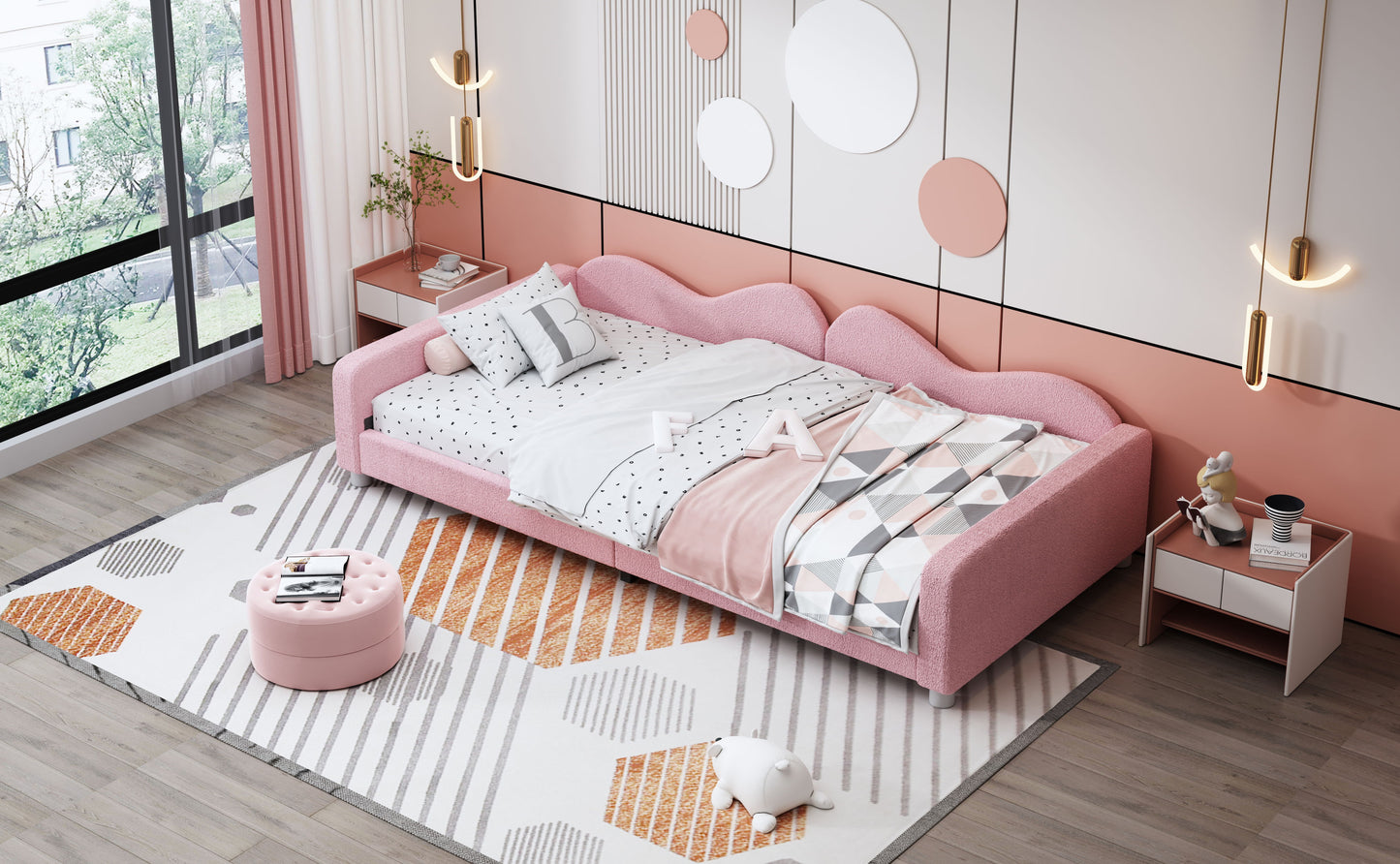 Twin Size Upholstered Daybed, Sherpa Fabric Sofabed With Cloud-Shaped Backrest, No Box - Spring Needed - Pink