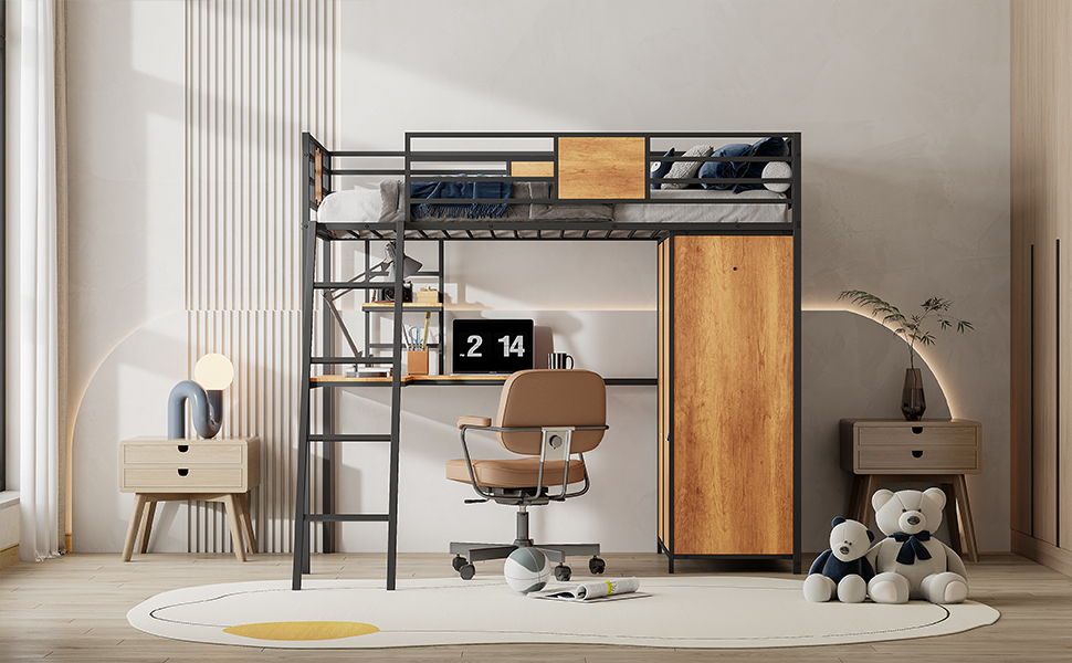 Twin Size Loft Bed With L Shape Desk And Wardrobe - Black
