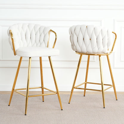 Modern Design High Stool With Gold Plated Legs Linen Bar Chair For Kitchen Dining And Cafe (Set of 2) - White