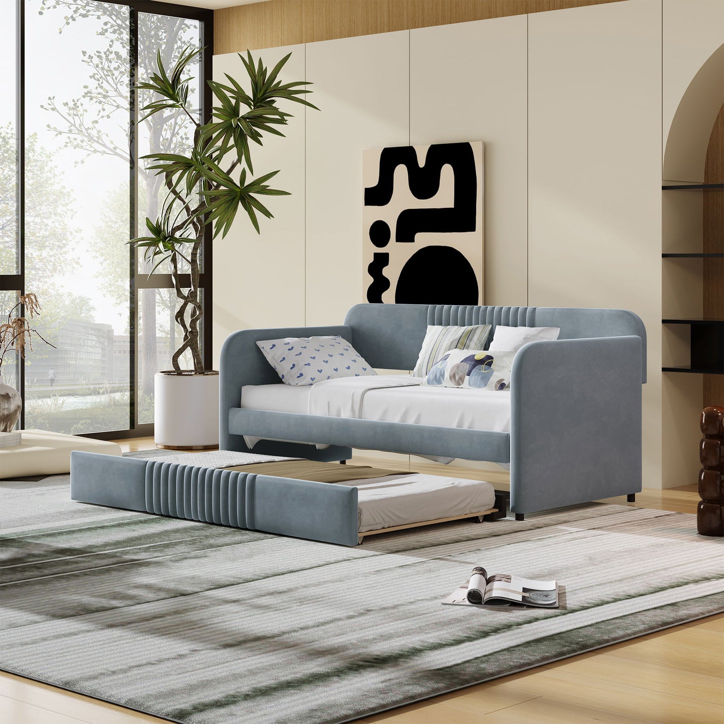 Upholstered Daybed Sofa Bed Twin Size With Trundle Bed And Slat - Gray