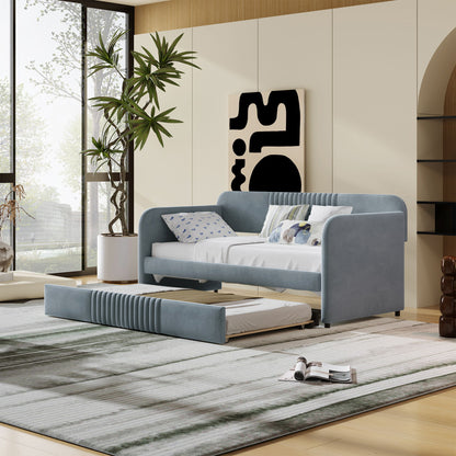 Upholstered Daybed Sofa Bed Twin Size With Trundle Bed And Slat - Gray