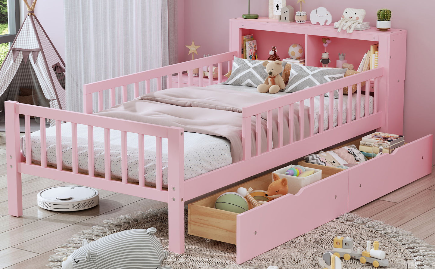 Twin Size Bed With Headboard Storage Rack, 2 Under Bed Drawers, 3 - Side Guardrails For Safety And Security - Pink