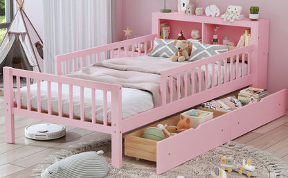 Twin Size Bed With Headboard Storage Rack, 2 Under Bed Drawers, 3 - Side Guardrails For Safety And Security - Pink