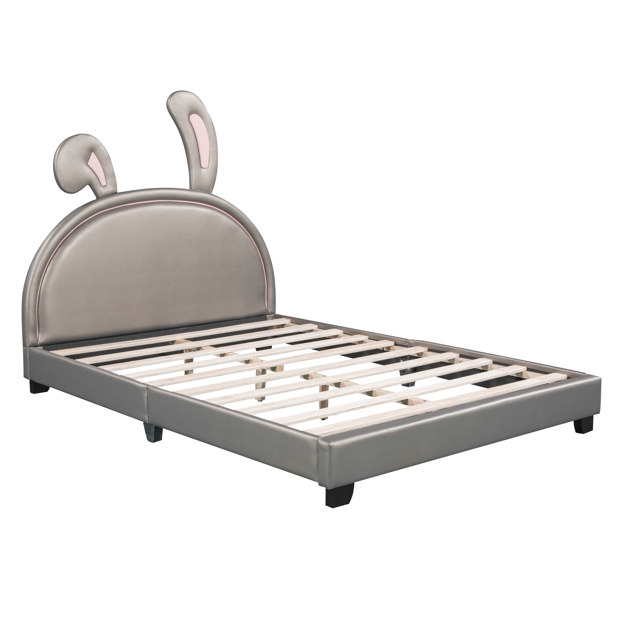 Full Size Upholstered Leather Platform Bed With Rabbit Ornament - Gray