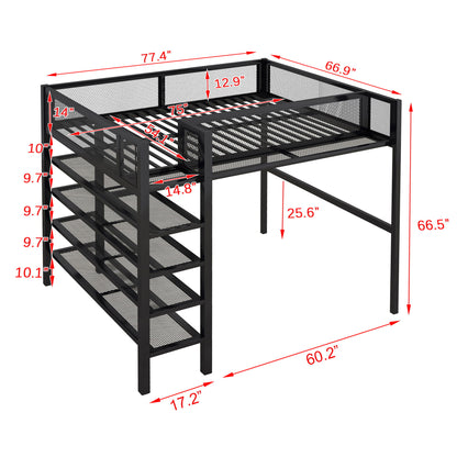 Full Size Loft Bed With 4 Tier Shelves And Storage - Black