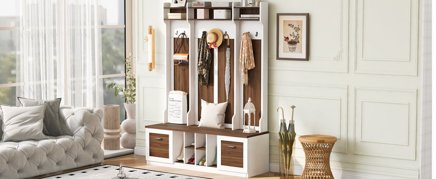 5 In 1 Entryway Bench With Coat Rack, 7 Sturdy Hooks, 2 Spacious Drawers And Adjustable Shelves, Wide Hall Tree With Metal Handles For Hallway - Brown / White
