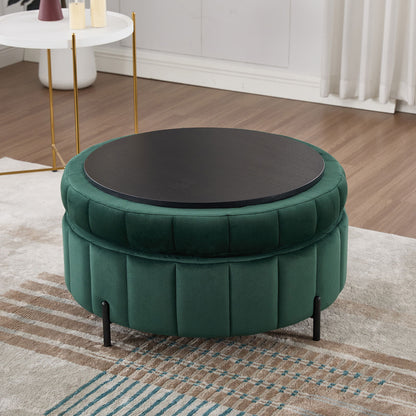 Upholstered Round Ottoman With Reversible Lid, Velvet Storage Stool, Channel Tufted Pumpkin Shape Footstool For Living Room, Bedroom And Office - Green