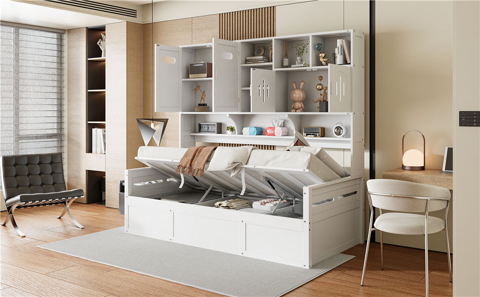 Twin Size Wooden Daybed With Hydraulic Bed And All In One Cabinet And Shelf - White