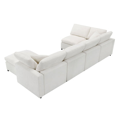 Modern Modular Cloud Sofa Bed, 6 Seat Chenille Sectional Couch Set With Ottoman, Free Combination, Convertible U Shaped Sleeper Sofa - Beige
