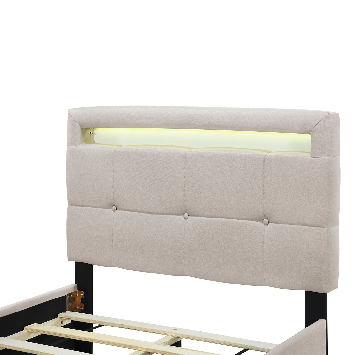 Twin Size Upholstered Platform Bed With LED Frame And 2 Drawers - Beige